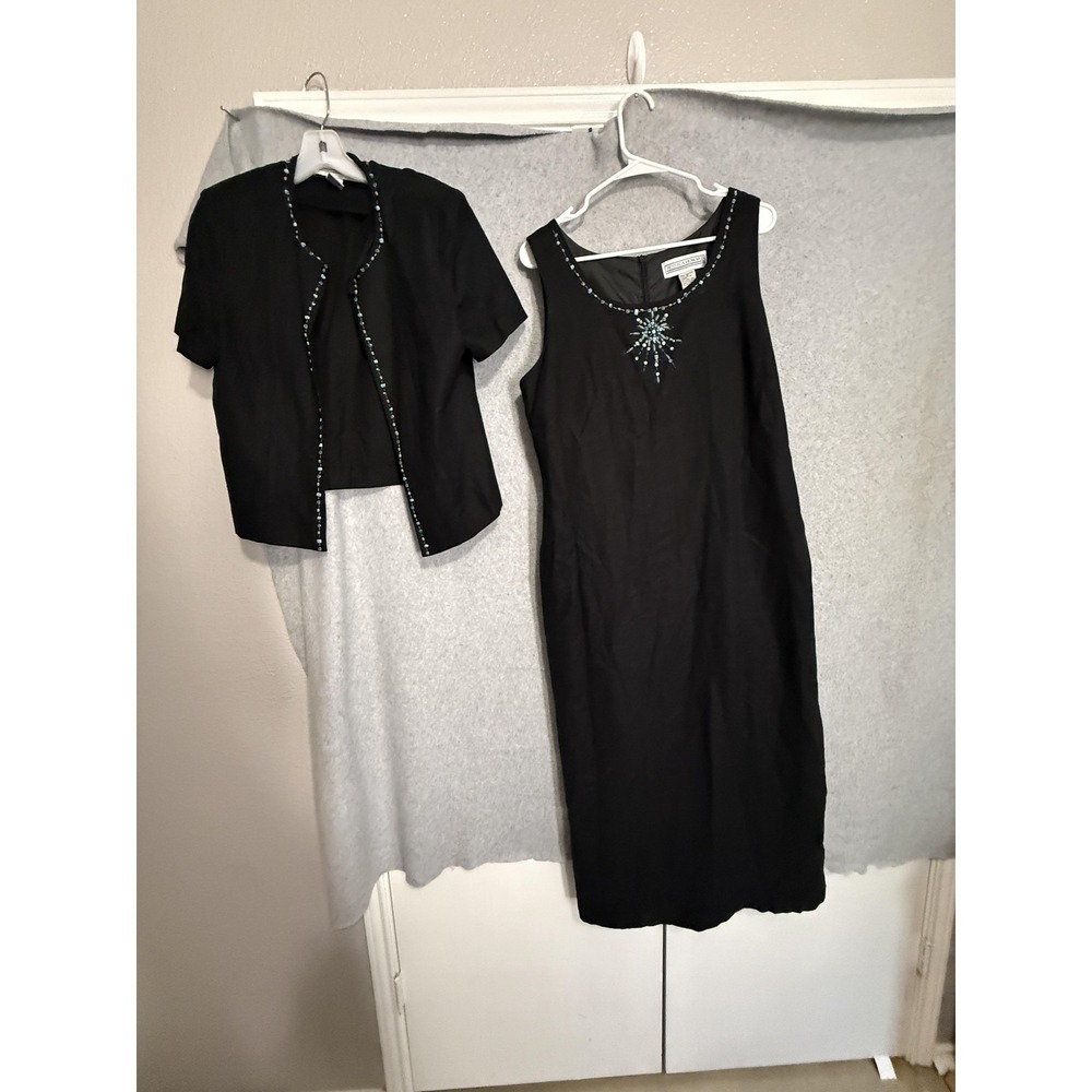 Jessica Howard 2 Piece Dress Set Womens 14 Black Linen Beaded Jacket Maxi Formal